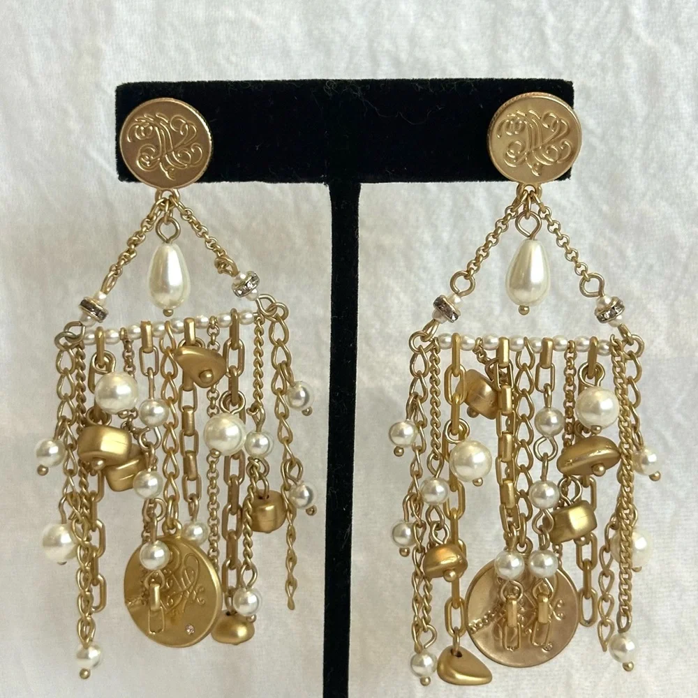 Gold and Pearl Dangle Earrings - Picture 2 of 4